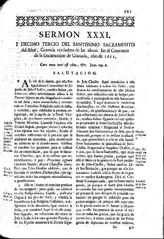 Sermon XXXI. Y Decimo tercio del Santissimo Sacramento del Altar, Comida verdadera de las almas. En el Convento de la Encarnacion de Granada