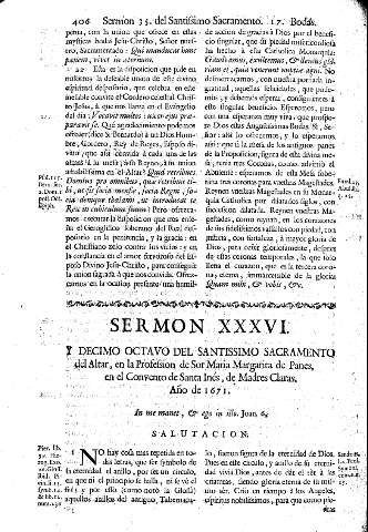 Sermon XXXVI. Y Decimo octavo del Santissimo Sacramento del Altart, enla Profession de Sor Maria Margarita de Panes