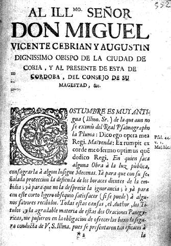 Al Ilmo. Señor Don Miguel Vicente Cebriany agustin dignissimo Obispo de la ciudad de Coria ...