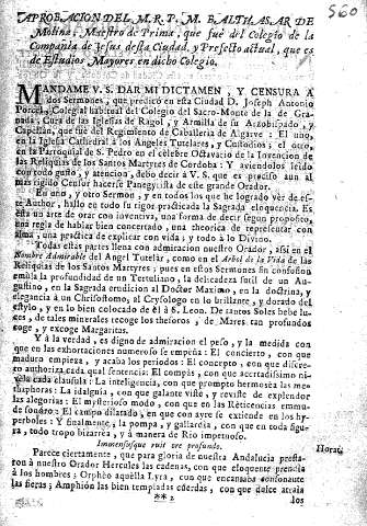 Aprobacion del M.R.P.M. Balthasar de Molina ...