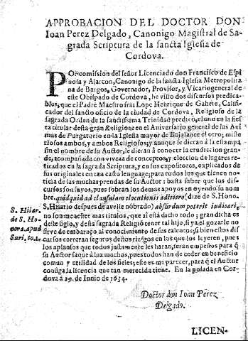 Aprobacion del doctor Don Ioan Perez Delgado, Canonigo Magistral de Sagrada Scriptura de la sancta Iglesia de Cordova