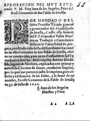 Aprobacion del muy reverendo P. M. Fray Ioan de los Angeles,Prior del Real Conuento de San Pablo de Seuilla