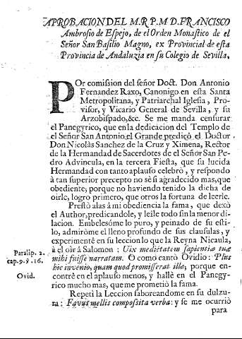 Aprobacion del M.R.P.MD.Francisco Ambrosio de Espejo, de el Orden Monastico de el Señor San Basilio Magno, ex Provincial de esta Provincia de Andaluzia en su Colegio de Sevilla