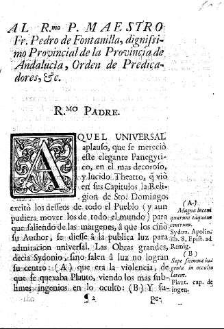 Al R.mo P. Maestro Fr. Pedro de Fontanilla, dignissimo Provincial de la Provincia de Andalucìa, Orden de Predicadores, etc.
