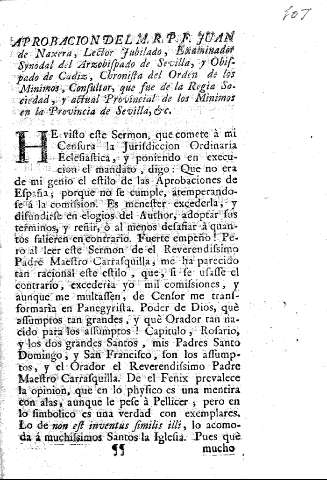 Aprobacion del M.R.P.F. Juan de Naxera, Lector Jubilado, Examinador Synodal del Arzobispado de Sevilla, y Obispado de Cadiz ...