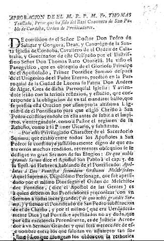 Aprobacion de el M. R. P. M. Fr. Thomas Tenllado, Prior que ha sido del Real Convento de San Pablo de Cordoba, Orden de Predicadores