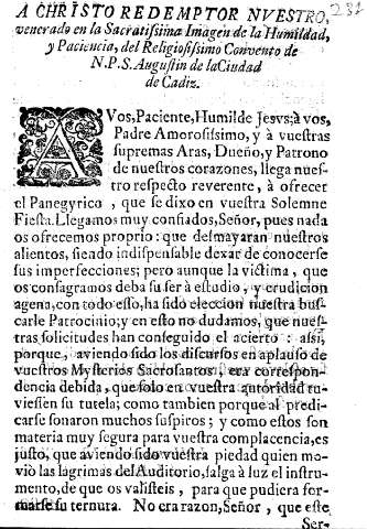 A Christo redemptor nvestro, venerado en la Sacratissima Imagen de la Humildad, y Paciencia, del Religiosissimo Convento de N.P.S.Agustin de laCiudad de Cadiz