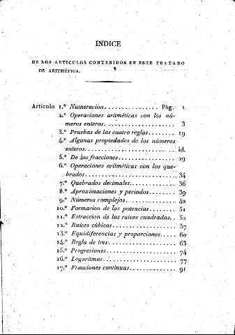 Indice de los articulos contenidos en este tratado de Aritmética