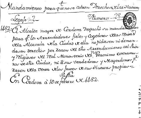 Mandamiento para que no se conbren Derechosdelas Huertas. Legajo.-2- Numero-28-