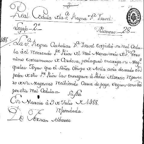 Real Cedula delas Preyna Dª Ysavel. Legajo-2º- Numero-28-