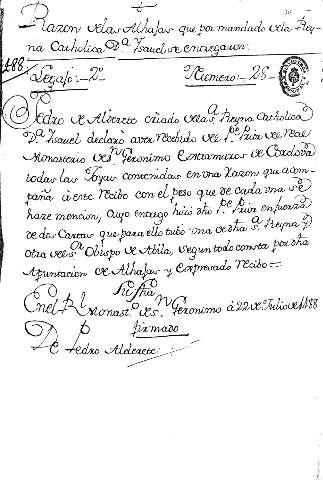 Razon delas Alhajar que por mandado dela Reyna Catholica Dª Ysabel se entregaron. Legajo-22º- Numero-28-