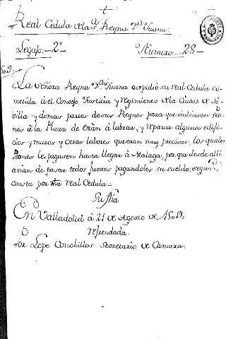 Real Cedula delasª Reyna Dª Juana. Legajo:-2º- Numero:-28-