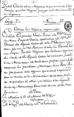 Real Ceduila desu Magestad enque se manda a as Justicias que à los religiosos profugos no los consientan en los Lugares