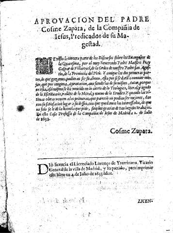 Aprovacion del padre Cosme Zapata, de la Compañia de Iesus