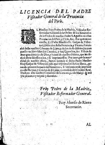 Licencia del padre Visitador General de la Prouincia del Pirú