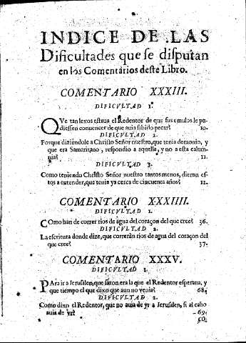 Indice de las Dificultades que se disputan en los Comentarios deste Libro