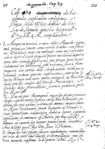 Cap. 39 dela segunda suplicacion conlapena y fiança delas 10500 doblas dela Ley de Segovia ...