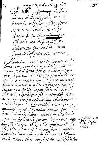 Cap. 66. delas caussas de hidalguía por demanda delaçion y filiaçion ante los Alcaldes de hijos dalgo ...