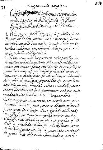Capº. 72 delaforma deproçeder enlos pleytos de hidalguia de Previlegio y senttª arbitraria de Ubeda