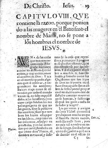 Capitvlo VIII. Qve contiene la razon porque poniendo a las mugeres en el Bautismo el nombre de Maria, no se pone a los hombres el nombre de Iesvs