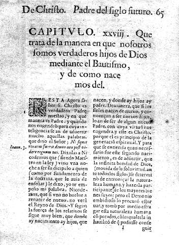 Capitvlo XXVIII. Que trata de la manera en que nosotros somos verdaderos hijos de Dios mediente el Bautismo, y de como nacemos del