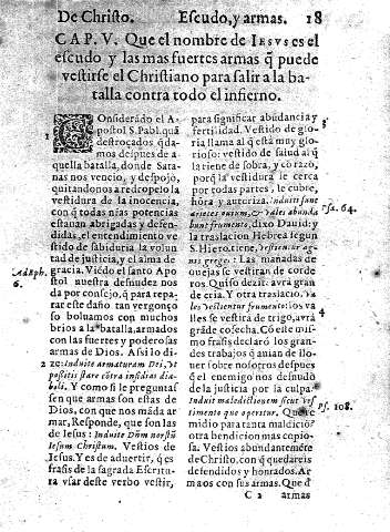 Cap. V. Que el nombre de Iesvs es el escudo y las mas fuertes armas q puede vestirse el Chistiano para salir a la batalla contra todo el infierno 
