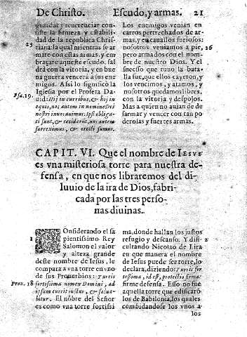Capit. VI. Que el nombre de Iesvs es vna misteriosa torre para nuestra defensa, en que nos libraremos del diluuio de la ira de Dios,fabircada por las tres personas diuinas