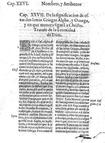 Cap. XXVII. De la significacion de estas dos letras Griegas Alpha, y Omega, y en que manera figura a Christo. Tratase de la Eternidad de Dios