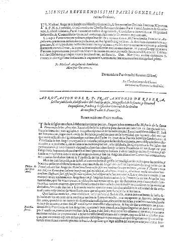 Licentia reverendissimi patris generalis totius Ordimis. Aprovacion del R.P. Fray Antonio de Ribera ...