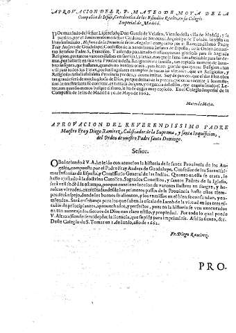 Aprovacion del R.P. Mateo de Moya  ... Aprovacion del reverendissimo padre maestro Fray Diego Ramirez ...