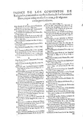 Indice de los conventos de Religiosos,contenidos en esta historia,de los sieruos de Dios,cuyas vidas en ella se tratan, y de algunas cosas particulares