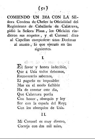 Comiendo un dia con la Señora Condesa de Cheles la Oficialidad del Regimiento de Caballeria de Calatrava ...