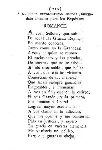 Á la dicha excelentisima señora , pidiendole limosna para los Expósitos. Romance