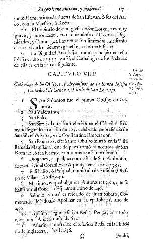 Capitvlo VIII. Cathalogo de los Obispos, y Arçobispos de la Santa Iglesia Cathedral de Genova, Titulo de San Lorenzo