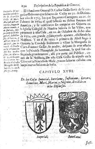 Capitvlo XVIII. De las Casas Imperial, Interiana, Justiniano, Lercaro, Lomelino, Mari, Marini, y Negrone, dividido en ocho discursos