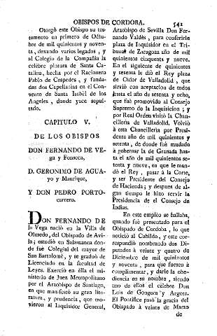 Capitulo V. De los obispos Don Fernando de Vega y Fonseca, D. Geronimo de Aguayo y Manrique, y Don Pedro Portocarrero