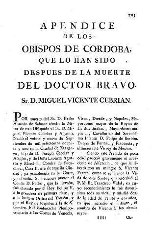 Apendice de los Obispos de Cordoba, que lo han sido despues de la muerte del doctor Bravo. Sr. D. Miguel Vicente Cebrian