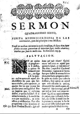 Sermon qvadragesimo sexto, visita misericordiosa de las conciencias, para dar principio á vna Mission. Salvtacion