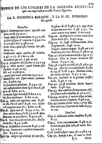 Indice de los lugares de la sagrada escritura que van explicados en este Tomo Quarto. La S. significa sermon, y la N. el numero marginal