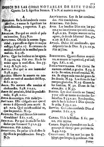 Indice de las cosas notables de este tomo quarto. L S. significa Sermon. Y la N. el numero marginal