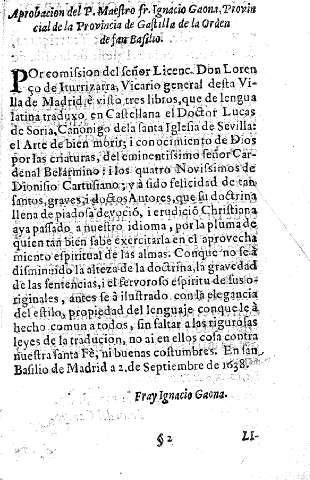 Aprobacion del P. Maestro fr. Ignacio Gaona, Provincial de la Provincia de Castilla de la Orden de San Basilio