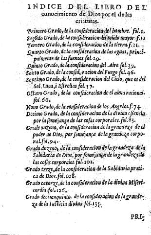 Indice del libro del conocimiento de Dios por el de las criaturas