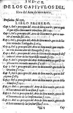 Indice de los capitvlos del libro del Arte de bien morir