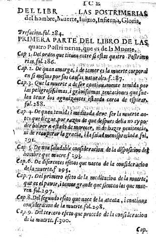 Indice del libro de las postrimerias del hombre, muerte, iuzio, infierno, gloria