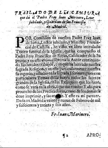 Traslado de la censura que dà el Padre Fray Iuan Merinero, Letor jubilado, y Guardian de San Francisco de Madrid