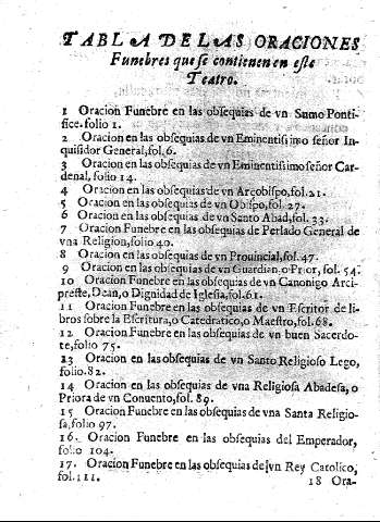 Tabla de las oraciones funebres que se contiene en este teatro