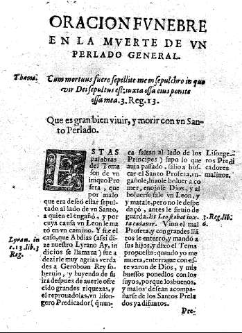 Oracion fvnebre en la mverte de vn perlado general