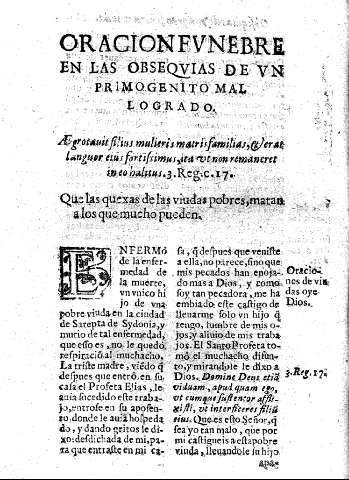 Oracion fvnebre en las obseqvias de vn primogenito mal logrado