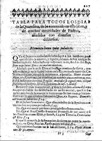 Tabla para todos los dias de la Quaresma, de lo contenido en este libro, y de muchas autoridades de padres, añadidas con diuersos discursos