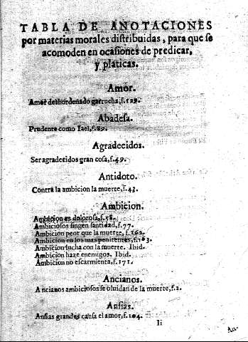 Tabla de anotaciones por materias morales distribuidas, para que se acomoden en ocasiones de predicar, y platicas